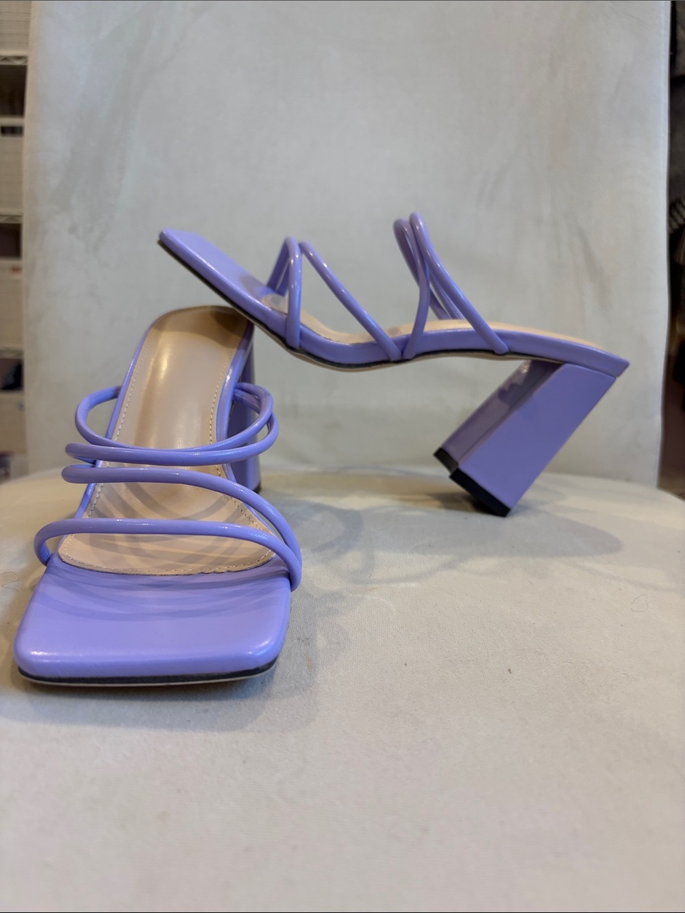 Lilac Strappy Square-Toe Block Heel Sandals